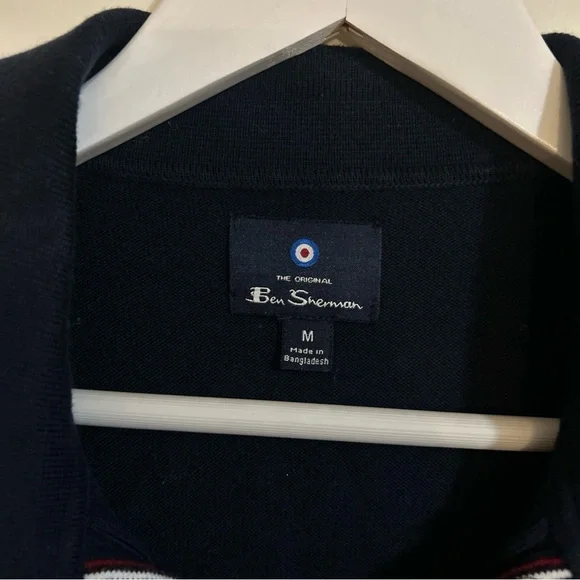 Ben Sherman Polo Shirt Mens Med Navy Blue Red Retro Textured Knit Ribbed Sweater - Picture 3 of 6